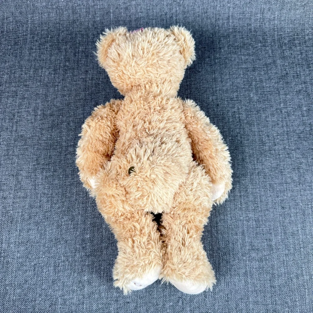 FAO Schwarz Teddy Bear Tan Shaggy Plush Pink Bow Embroidered Paw 15 Inch